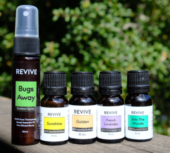 Order Yours Today. ONE TIME PURCHASE.
$75 of Value for $65.
1. REVIVE Golden: Golden opportunities, Gold stars, and Gold medals. REVIVE Golden is that type of special in a blend! This is a REVIVE Signature Blend that is first available in the Spring box.
2. REVIVE Sunshine: The long dark days of winter are gone! Can you feel the warmth of the sun breaking through and shining down to welcome the Spring? We definitely can because Sunshine is here! This is a REVIVE Signature Blend that is first available in the Spring box.
3. French Lavender: This limited edition Lavender is from France! REVIVE French Lavender has more pronounced floral character and because of the high altitude of the region it is grown in this lavender contains a higher ester profile as well.
4. REVIVE Into the Woods: New plants are sprouting and flowers are beginning to bloom! Spring is finally here!  Into the Woods is a refreshing and woodsy blend with an aroma that reminds us of spring showers in the woods.
5. Bugs Away Outdoor Spray: Now that it is getting sunnier and warmer it's time to start spending more time outdoors hiking, playing, and BBQing. Don’t let your outdoor time be curbed by pesky bugs and insects! *Due to supply chain/component delays, we have previously used a 30mL glass spray bottle when our usual component pictured here have been unavailable.