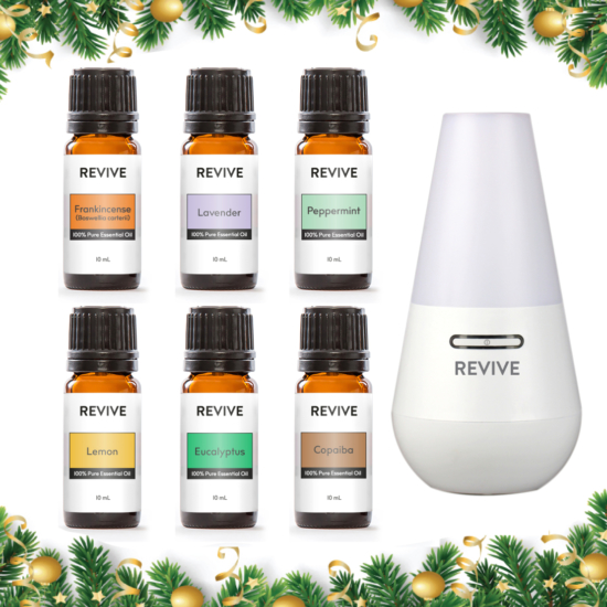 This is a kit of our 6 Best Selling Essential Oils with our favorite diffuser: Frankincense Carterii, Lavender, Peppermint, Lemon, Eucalyptus, Copaiba and our REVIVE Oasis Ultrasonic Diffuser, Mist Humidifier, And Ionizer







	
		
			



Free Shipping & Free Returns

		 
	 


	
		
			
GC/SM Tested (Quality Tested)


		 
	 


	
		
			
No MLM Hassle