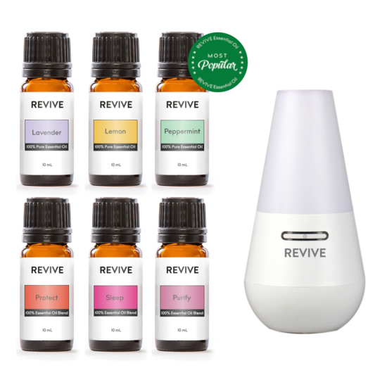 The Basics Kit includes 6 full-sized bottles of our favorite blends and essential oils: Lavender, Lemon, Peppermint, Protect, Sleep, Purify with our favorite ultrasonic diffuser: the REVIVE Ultrasonic Diffuser, Mist Humidifier, and Ionizer.
A $106 Value for $79.
That