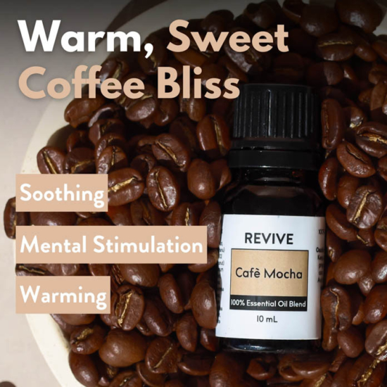 Who doesn’t love the aroma of a cozy cafe in the fall? When the weather is brisk and you just want to warm up with a comforting mug of sweet coffee… well, this is it! REVIVE Cafe Mocha is a rich, decadent, and creamy scent that will both calm and uplift you. This enticing blend is a sensory delight that will surely bring an overall sense of well-being.




REVIVE Cafe Mocha is a proprietary blend of Weeping Cypress, Vanilla, Tamanu, Butter, Coconut, Cassia, Texas Cedarwood, Cocoa, Fenugreek, Coffee, and White Oud oils.




	
		
			

Free Shipping & Returns

		 
	 


	
		
			
GC/SM tested (Certified Pure)


		 
	 


	
		
			
No MLM Hassle