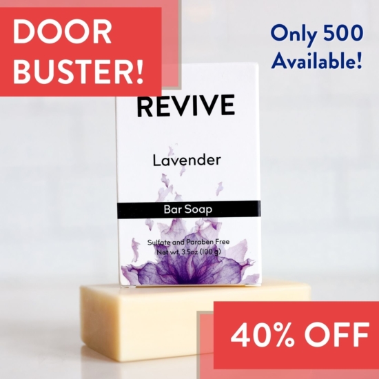 BRAND NEW!
Formulated with our Best Selling REVIVE Lavender Essential Oil, this bar soap has simple ingredients designed to keep you and your family clean without drying skin out.
&nbsp;




	
		
			



Free Shipping & Free Returns

		 
	 


	
		
			
GC/SM Tested (Quality Tested)


		 
	 


	
		
			
No MLM Hassle