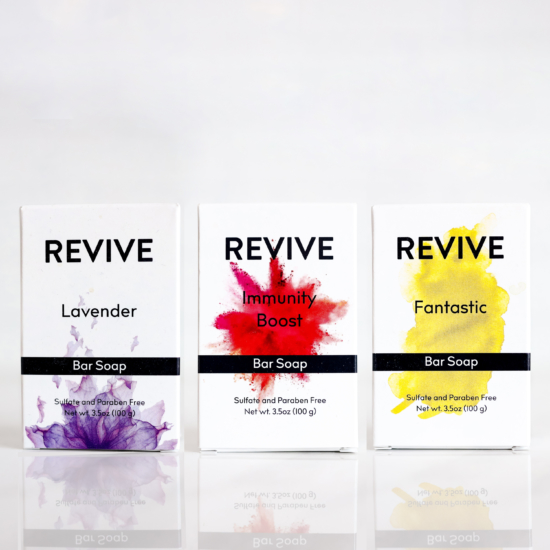 Formulated with the power of REVIVE’s Essential Oils, our bar soap has easy to understand ingredients designed to keep you and your family clean without drying skin out with the quality REVIVE Essential Oils you have grown to love
Lavender Soap: Floral & Sweet
Fantastic Soap: Bright citrus & Florals (Only available in the kit right now)
Immunity Boost Soap: Vibrant & Spicy




	
		
			



Free Shipping & Free Returns

		 
	 


	
		
			
GC/SM Tested (Quality Tested)


		 
	 


	
		
			
No MLM Hassle