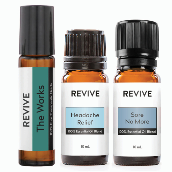 This kit includes full size REVIVE Essential Oils: The Works 10mL Roll On, Headache Relief 10mL, and Sore no More 10mL
When pain hits, you can look for natural relief with this 3 piece set. The Works Roll-on is the perfect ready to use blend for an instant soothing sensation. Sore No More is the ultimate blend for calming tight muscles and Headache Relief is ideal for head and neck tension.

	
		
			



Free Shipping & Free Returns

		 
	 


	
		
			
GC/SM Tested (Quality Tested)


		 
	 


	
		
			
No MLM Hassle