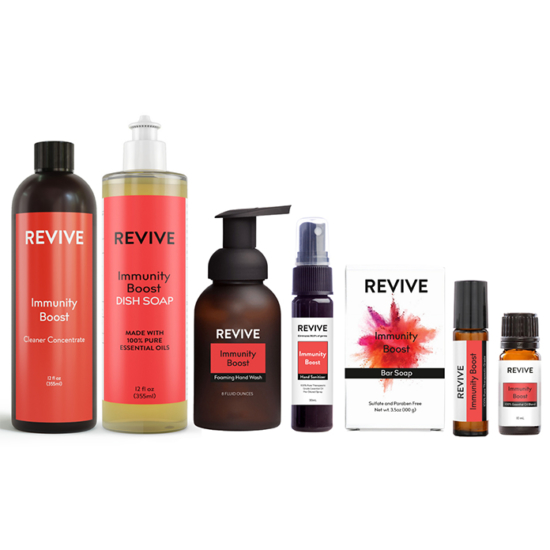 The Immunity Boost Lovers Kit contains all 7 home and personal care products in the Immunity Boost line. All are made with Non-Toxic, Natural and Family Friendly ingredients to keep your household happy, and healthy. No synthetics fragrances or gross ingredients here!
All products are made with REVIVE Immunity Boost, 100% Pure Therapeutic Grade Essential Oil!
Kit Contains: REVIVE Immunity Boost Cleaner Concentrate, REVIVE Immunity Boost Dish Soap,  REVIVE Immunity Boost Foaming Hand Soaps, REVIVE Immunity Boost Hand Sanitizer, REVIVE Immunity Boost Bar Soap, REVIVE Immunity Boost Roll-On, REVIVE Immunity Boost

	
		
			



Free Shipping & Returns

		 
	 


	
		
			
GC/SM tested (Certified Pure)


		 
	 


	
		
			
No MLM Hassle