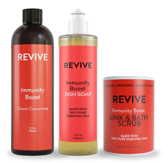REVIVE's Natural, Nontoxic, Powerhouse Cleaning Products are great for any home!
Each harnesses the Cleaning power of REVIVE Immunity Boost Essential Oil to leave your family happy and your home smelling great!

Immunity Boost Cleaner Concentrate
Immunity Boost Dish Soap
Immunity Boost Sink Scrub
 


	
		
			
Free Shipping & Returns

		 
	 


	
		
			
GC/SM tested (Certified Pure)


		 
	 


	
		
			
No MLM Hassle