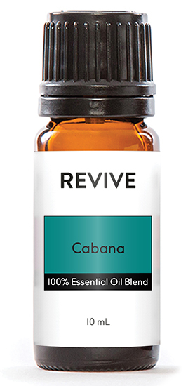 Imagine lounging next to the water in your shaded shelter with an ice cold drink in your hand. No, it’s not a dream, it’s REVIVE’s new Blend - Cabana! Clean and fresh with an underlying warmth, this blend is reminiscent of a relaxing beach day or a chill day sitting poolside.

First available in the REVIVE Summer Box 2022



REVIVE Cabana is a proprietary blend of Orange, Virginia Cedarwood, Ho Wood, Palmarosa, Lavandin, Lemon, Lime, Bergamot, Balsam Fir, Labdanum, Patchouli, Eucalyptus, Peru Balsam, Juniper Berry, Rosemary, Ylang Ylang, Geranium, Star Anise, Galbanum, Cinnamon Bark, Rose, Roman Chamomile, Davana and Vanilla Extract.

	
		
			
Free Shipping & Returns

		 
	 


	
		
			
GC/SM tested (Certified Pure)


		 
	 


	
		
			
No MLM Hassle