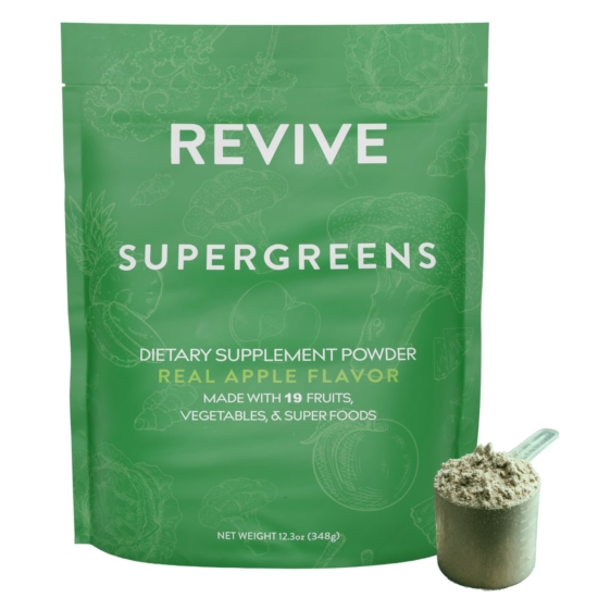Revive SuperGreens Powder is a great tasting way to add 19 wholesome greens, superfoods and fruits to your daily diet. Chock full of nutrient-dense ingredients, one scoop supports a healthy immune system*, digestion*, and provides a boost of energy*.






	
		
			
Free Shipping & Returns

		 
	 


	
		
			
GC/SM tested (Quality Tested)


		 
	 


	
		
			
No MLM Hassle