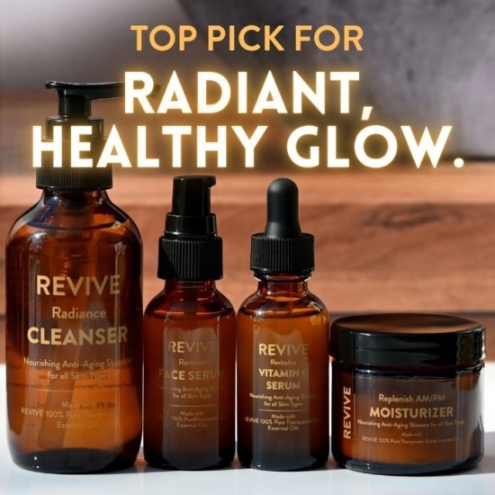 REVIVE Skin Care is a Three-Step Daily Routine that is great for all skin types. Gently smooths and evens out skin tone, using Non-Toxic, Plant Derived Ingredients, including Hyaluronic Acid in our Serum and Moisturizer for all-day skin hydration.
Made with REVIVE Proprietary Skin Health Blend of 100% Pure Therapeutic Grade Essential Oils. Lavender & Frankincense soothes skin, reduces the appearance of wrinkles and evens skin tone. Ylang Ylang balances the skin’s oil production for a dewy complexion. Geranium calms irritated or breakout prone skin and reduces redness for a healthy glow. Carrot Seed Oil nourishes and acts as an antioxidant to the skin.
Free From:
Synthetic Fragrances, Sulfates (SLS, SLES and/or Sulfonates), Parabens, Phthalates, Petroleum, Gluten, Mineral Oils, Dyes, Silicones



	
		
			
Free Shipping & Returns

		 
	 


	
		
			
GC/SM tested (Certified Pure)


		 
	 


	
		
			
No MLM Hassle