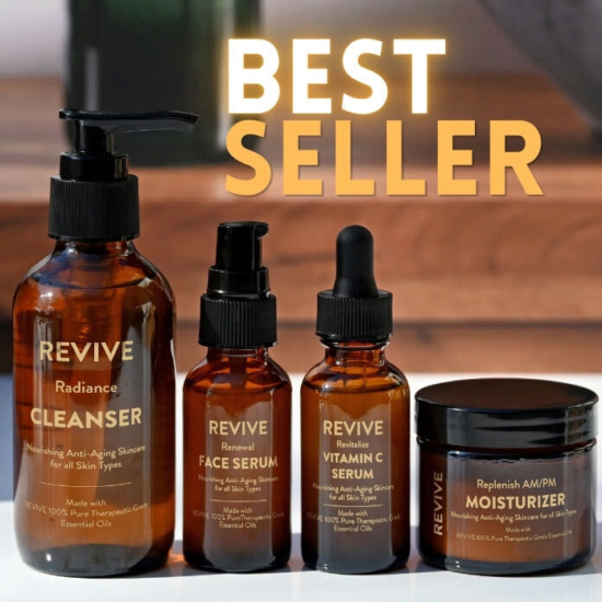 REVIVE Skin Care is a Three-Step Daily Routine that is great for all skin types. Gently smooths and evens out skin tone, using Non-Toxic, Plant Derived Ingredients, including Hyaluronic Acid in our Serum and Moisturizer for all-day skin hydration.
Made with REVIVE Proprietary Skin Health Blend of 100% Pure Therapeutic Grade Essential Oils. Lavender & Frankincense soothes skin, reduces the appearance of wrinkles and evens skin tone. Ylang Ylang balances the skin’s oil production for a dewy complexion. Geranium calms irritated or breakout prone skin and reduces redness for a healthy glow. Carrot Seed Oil nourishes and acts as an antioxidant to the skin.
Free From:
Synthetic Fragrances, Sulfates (SLS, SLES and/or Sulfonates), Parabens, Phthalates, Petroleum, Gluten, Mineral Oils, Dyes, Silicones



	
		
			
Free Shipping & Returns

		 
	 


	
		
			
GC/SM tested (Certified Pure)


		 
	 


	
		
			
No MLM Hassle