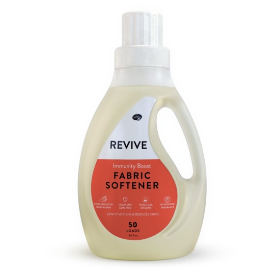 REVIVE Immunity Boost Liquid Fabric Softener is a plant based, vinegar-powered fabric softener that freshens and softens your clothes while reducing static cling.  Each bottle contains 20ml of REVIVE’s proprietary Immunity Boost for an invigorating clean scent. With only 8 simple ingredients and no harmful chemicals, it combats hard water, your clothes will feel softer, static is reduced, and odors removed. 
Softens up to 50 loads, with absolutely no synthetic fragrances or harmful chemicals
Safe for everyone in your family and ideal for those with skin sensitivities
Can be used in standard, commercial, and High-Efficiency (HE) washers

	
		
			
Free Shipping & Returns

		 
	 


	
		
			
GC/SM tested (Certified Pure)


		 
	 


	
		
			
No MLM Hassle