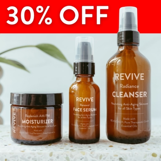 REVIVE Skin Care is a Three-Step Daily Routine that is great for all skin types. Gently smooths and evens out skin tone, using Non-Toxic, Plant Derived Ingredients, including Hyaluronic Acid in our Serum and Moisturizer for all-day skin hydration.
Made with REVIVE Proprietary Skin Health Blend of 100% Pure Therapeutic Grade Essential Oils. Lavender & Frankincense soothes skin, reduces the appearance of wrinkles and evens skin tone. Ylang Ylang balances the skin’s oil production for a dewy complexion. Geranium calms irritated or breakout prone skin and reduces redness for a healthy glow. Carrot Seed Oil nourishes and acts as an antioxidant to the skin.
Free From:
Synthetic Fragrances, Sulfates (SLS, SLES and/or Sulfonates), Parabens, Phthalates, Petroleum, Gluten, Mineral Oils, Dyes, Silicones



	
		
			
Free Shipping & Returns

		 
	 


	
		
			
GC/SM tested (Certified Pure)


		 
	 


	
		
			
No MLM Hassle