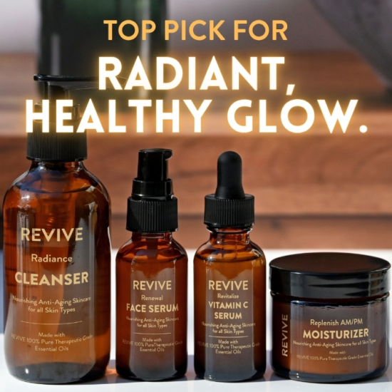 REVIVE Skin Care is a Three-Step Daily Routine that is great for all skin types. Gently smooths and evens out skin tone, using Non-Toxic, Plant Derived Ingredients, including Hyaluronic Acid in our Serum and Moisturizer for all-day skin hydration.
Made with REVIVE Proprietary Skin Health Blend of 100% Pure Therapeutic Grade Essential Oils. Lavender & Frankincense soothes skin, reduces the appearance of wrinkles and evens skin tone. Ylang Ylang balances the skin’s oil production for a dewy complexion. Geranium calms irritated or breakout prone skin and reduces redness for a healthy glow. Carrot Seed Oil nourishes and acts as an antioxidant to the skin.
Free From:
Synthetic Fragrances, Sulfates (SLS, SLES and/or Sulfonates), Parabens, Phthalates, Petroleum, Gluten, Mineral Oils, Dyes, Silicones



	
		
			
Free Shipping & Returns

		 
	 


	
		
			
GC/SM tested (Certified Pure)


		 
	 


	
		
			
No MLM Hassle