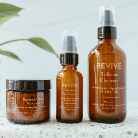 REVIVE Skin Care is a Three-Step Daily Routine that is great for all skin types. Gently smooths and evens out skin tone, using Non-Toxic, Plant Derived Ingredients, including Hyaluronic Acid in our Serum and Moisturizer for all-day skin hydration.
Made with REVIVE Proprietary Skin Health Blend of 100% Pure Therapeutic Grade Essential Oils. Lavender & Frankincense soothes skin, reduces the appearance of wrinkles and evens skin tone. Ylang Ylang balances the skin’s oil production for a dewy complexion. Geranium calms irritated or breakout prone skin and reduces redness for a healthy glow. Carrot Seed Oil nourishes and acts as an antioxidant to the skin.
Free From:
Synthetic Fragrances, Sulfates (SLS, SLES and/or Sulfonates), Parabens, Phthalates, Petroleum, Gluten, Mineral Oils, Dyes, Silicones



	
		
			
Free Shipping & Returns

		 
	 


	
		
			
GC/SM tested (Certified Pure)


		 
	 


	
		
			
No MLM Hassle