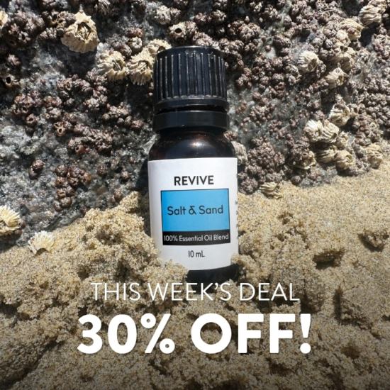 Relax and daydream of being on the beach and soaking in the sun with this brand new REVIVE blend. Salt & Sand will bring the renewing seaside feeling to you with a scent reminiscent of the ocean and the calming properties it contains.

REVIVE  Salt & Sand is a proprietary blend of Ylang Ylang, Bergamot, Lime, Lavender, Eucalyptus, and Lemongrass.


	
		
			

Free Shipping & Returns

		 
	 


	
		
			
GC/SM tested (Certified Pure)


		 
	 


	
		
			
No MLM Hassle
