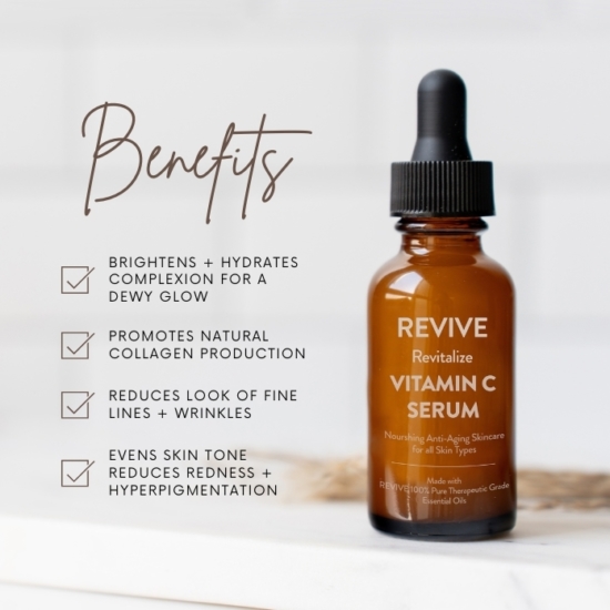 Treat yourself to brighter, healthier looking skin with our NEW Revitalize Vitamin C Serum.  Our Revitalize Vitamin C Serum has enhanced moisturizing and antioxidant proprieties with the benefits of added hyaluronic acid and 100% pure essential oils.  Our formula enhances the look of your skin by evening out skin tone, reducing the appearance of hyperpigmentation, fine lines, and wrinkles. 


	
		
			
Free Shipping & Returns

		 
	 


	
		
			
GC/SM tested (Quality Tested)


		 
	 


	
		
			
No MLM Hassle