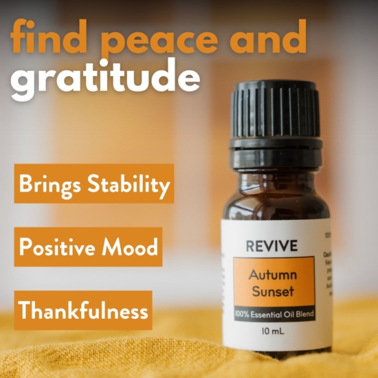 Picture this… it’s a cool fall evening, there is a slight breeze in the air and leaves falling around you when you look up just in time to catch a glimpse of the glowing orange sun setting behind the trees. That’s what Autumn Sunset is all about! This citrusy, herbal, and woody blend is like an instant attitude adjustment. Just like the realization of how small you are in this big beautiful world, this scent can help you feel gratitude and balance.


REVIVE Autumn Sunset is a proprietary blend of Litsea, Grapefruit, Wild Orange, Holy Basil, Juniper Berry, Himalayan Cedarwood


	
		
			

Free Shipping & Returns

		 
	 


	
		
			
GC/SM tested (Certified Pure)


		 
	 


	
		
			
No MLM Hassle