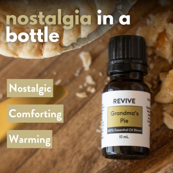 There is nothing better than sharing a slice of apple pie with family and friends as the holidays are approaching. With REVIVE’s fun, new dessert blend, Grandma’s Pie, you can replicate that feeling anytime or anywhere. This sweet and spicy scent has notes of cinnamon, chamomile, and nutmeg. Just a whiff of this wistful blend can bring an overall warmth to your soul.

REVIVE Grandma's Pie is a proprietary blend of Cinnamon, Roman Chamomile, Cassia, Lemongrass, Bergamot, Grapefruit, Peru Balsam, Nutmeg


	
		
			

Free Shipping & Returns

		 
	 


	
		
			
GC/SM tested (Certified Pure)


		 
	 


	
		
			
No MLM Hassle