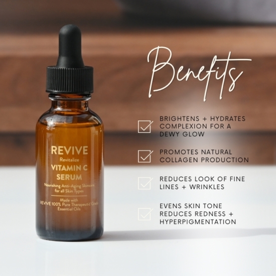 Treat yourself to brighter, healthier looking skin with our NEW Revitalize Vitamin C Serum.  Our Revitalize Vitamin C Serum has enhanced moisturizing and antioxidant proprieties with the benefits of added hyaluronic acid and 100% pure essential oils.  Our formula enhances the look of your skin by evening out skin tone, reducing the appearance of hyperpigmentation, fine lines, and wrinkles. 


	
		
			
Free Shipping & Returns

		 
	 


	
		
			
GC/SM tested (Quality Tested)


		 
	 


	
		
			
No MLM Hassle