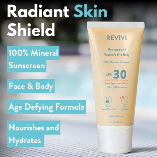 Made with REVIVE 100% Pure Therapeutic Grade Skin Health Essential Oil blend.

Protect your skin from sun damage while hydrating it with our new REVIVE Essential Oil SPF 30 broad-spectrum sunscreen.  This sunscreen is made for Face & Body and is specially formulated with a focus on a clean formula for all skin types.  Our zinc-based formula provides a physical barrier that reflects UVA/UVB rays, absorbs quickly, and keeps your skin feeling moisturized all day long.  This is an everyday sunscreen that goes on smoothly without any of the slickness, stickiness or heaviness you might associate with chemical or titanium dioxide sunscreens.  No white chalky skin, just smooth hydrated skin with the benefits from antioxidants and nourishing botanicals and extracts for a water-resistant skin protection for up to 80 minutes.





	
		
			
Free Shipping & Returns

		 
	 


	
		
			
GC/SM tested (Certified Pure)


		 
	 


	
		
			
No MLM Hassle