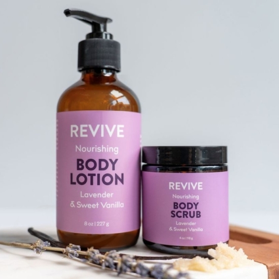 Made with REVIVE 100% Pure Therapeutic Grade Lavender & Vanilla Essential Oils.
Looking to pamper and nourish your skin with love?  Revive Nourishing Body Lotion wraps your skin in luxurious spa-like fragrance while moisturizing and leaving your skin feeling silky soft.  Formulated with soothing botanical ingredients, this lotion helps seal in long-lasting moisture while softening skin.
Combine with Revive Nourishing Body Scrub that gently exfoliates and calms the senses with its blend of Lavender and Sweet Vanilla aroma, revealing soft, glowing skin.  Infused with botanicals to hydrate and soften the skin without disrupting the skin barrier leaving you with softer, smoother skin!

	
		
			
Free Shipping & Returns

		 
	 


	
		
			
GC/SM tested (Quality Tested)


		 
	 


	
		
			
No MLM Hassle