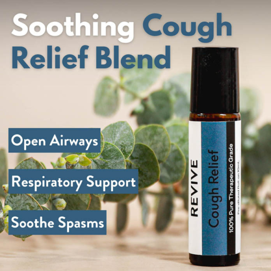 Unfortunately, the change of the Autumn weather and the back to school germs can often bring seasonal illness. So, when that little cough creeps in, we’ve got you covered with our brand new Cough Relief Roll-on. This blend helps to fight congestion, ease inflammation, and calm spasms. Additionally, the Essential Oils used in the roller can ward off bacteria which may help to prevent infection.
REVIVE Cough Relief Roll-On is a proprietary blend of Fractionated Coconut Oil, Eucalyptus, Virginia Cedarwood, Frankincense, Ravintsara, Blue Cypress, White Spruce, and Tea Tree Oil in an easy to use roller bottle.

	
		
			
Free Shipping & Returns

		 
	 


	
		
			
GC/SM tested (Quality Tested)


		 
	 


	
		
			
No MLM Hassle