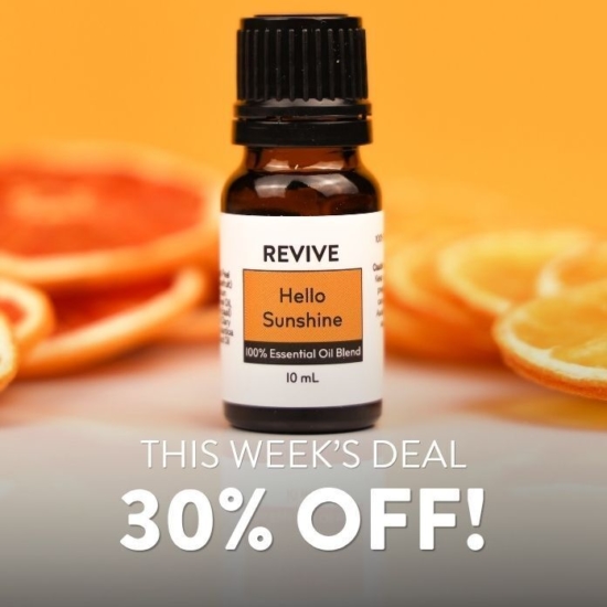 Some of the greatest things that spring brings are longer days and more sunshine. Hello Sunshine celebrates that time and feeling with its bright aroma. The fresh uplifting scents of Grapefruit, Orange, and Bergamot meld with earthy Holy Basil and Clary Sage, then round out with the rich, woody base notes of Atlas Cedarwood. This blend supports emotional wellness and a balanced mood.




REVIVE Hello Sunshine is a proprietary blend of Orange, Grapefruit, Bergamot, Holy Basil, Clary Sage, and Cedarwood Atlas


	
		
			

Free Shipping & Returns

		 
	 


	
		
			
GC/SM tested (Certified Pure)


		 
	 


	
		
			
No MLM Hassle