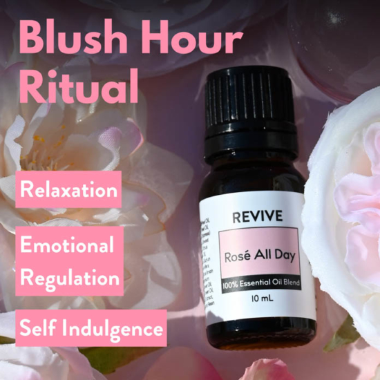 Inspired by the elegance and decadence of rosé wine, this distinctive Essential Oil blend captures the feeling of a sunny afternoon with glasses of pink wine raised in celebration. Top notes of bright, sparkling citrus open to delicate florals that add a romantic softness, while an herbal, green accord dives into warm balsamic bottom notes. The result is a complex blend that feels both light and luxurious




REVIVE Rosé All Day is a proprietary blend of Grapefruit, Lime, Cypress, Sweet Wormwood, Orange, Gurjun Balsam, Cognac, Lemon, Geranium, Neroli, Violet, and Galbanum


	
		
			

Free Shipping & Returns

		 
	 


	
		
			
GC/SM tested (Certified Pure)


		 
	 


	
		
			
No MLM Hassle