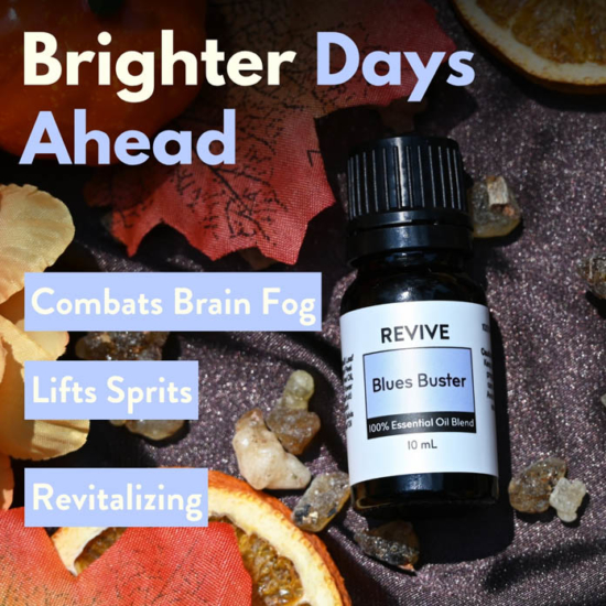 This bright, uplifting synergy can help to turn that frown upside down. The Essential Oils used in this blend were specifically chosen because they help to fight depression, elevate your mood, and encourage mental clarity.




REVIVE Blues Buster is a proprietary blend of Holy Basil, Orange, Lemon, Neroli, Grapefruit, Frankincense, and Clary Sage.


	
		
			

Free Shipping & Returns

		 
	 


	
		
			
GC/SM tested (Certified Pure)


		 
	 


	
		
			
No MLM Hassle