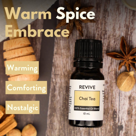 REVIVE Chai Tea is a warm and comforting blend inspired by the pleasurable ritual of enjoying a cup of freshly brewed spiced Chai. With sweet Vanilla, and warm spices such as Clove, Ginger, Nutmeg, and Pepper, this fragrance is like a cozy blanket on a cool morning.




REVIVE Chai Tea is a proprietary blend of MCT, Ginger, Nutmeg, Cinnamon, Black Pepper, Cardamom, Clove, Cassia, Clove, and Vanilla.


	
		
			

Free Shipping & Returns

		 
	 


	
		
			
GC/SM tested (Certified Pure)


		 
	 


	
		
			
No MLM Hassle